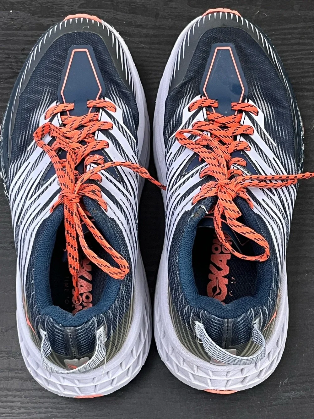 Hoka Navy Running Sneakers with Orange Laces
